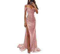 YIANN Sparkly Sequin Prom Dress Long Ball Gown Off Shoulder Mermaid Dusty Rose Bridesmaid Dresses with Slit Formal Party Gown UK8