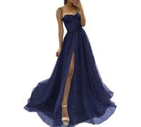 YIANN Sparkly Tulle Prom Dresses with Slit for Teens 2024 Spaghetti Strap Lace Applique Wedding Briesmaid Dress UK14 Navy Blue