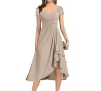 YIANN Taupe Mother of The Bride Dresses for Wedding Party V Neck A Line Chiffon Tea Length Mother of Groom Dress UK14