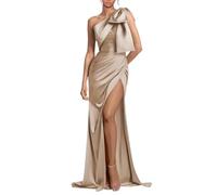 YIANN Taupe Satin One Shoulder Formal Dresses with Bow Mermaid Prom Dress with Slit Corset Simple Ball Gown for Women UK14