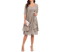 YIANN Taupe Short Mother of The Groom Dresses for Wedding Chiffon Mother of The Bride Dress with Jacket Half Sleeves UK22