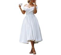 YIANN Tea Length Bridesmaid Dresses White for Women Off Shoulder A Line Civil Satin Wedding Dress Bridal Gown UK14