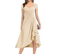 YIANN Tea Length Mother for The Bride Dresses for Women with Sleeves Champagne Wedding Guest Dress Formal Gown UK18