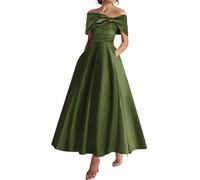 YIANN Tea Length Mother of The Bride Dresses for Women with Pockets Olive Green Satin Formal Dress Evening Gown UK20