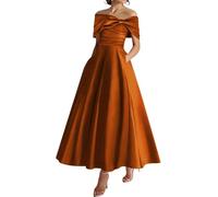 YIANN Tea Length Mother of The Bride Dresses for Women with Pockets Orange Satin Formal Dress Evening Gown UK14