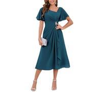 YIANN Tea Length Mother of The Bride Dresses with Sleeves for Women Plus Size Chiffon Wedding Guest Dress Peacock UK20