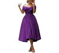 YIANN Tea Length Purple Bridesmaid Dresses for Women with Pockets Corset A Line Off Shoulder Satin Formal Dress UK10