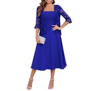 YIANN Tea Length Royal Blue Mother of Groom Dresses for Women with Sleeves Plus Size Chiffon Formal Dress Evening Gown UK20