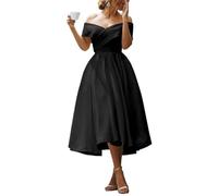 YIANN Tea Length Satin Bridesmaid Dresses Black Pleated A Line Wedding Guest Gown with Pockets Elegant Formal Dress UK26
