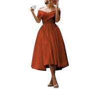 YIANN Tea Length Satin Bridesmaid Dresses Burnt Orange Pleated A Line Wedding Guest Gown with Pockets Elegant Formal Dress UK14