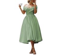 YIANN Tea Length Satin Bridesmaid Dresses Sage Green Pleated A Line Wedding Guest Gown with Pockets Elegant Formal Dress UK14