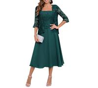 YIANN Teal Mother of The Bride Dresses with Jackets Square Neck Chiffon Tea Length Mother of Groom Dress for Women UK14