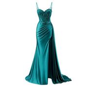 YIANN Teal Satin Mermaid Prom Dresses for Women Long Ball Gown Spaghetti Strap Evening Gown with Slit UK16