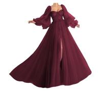 YIANN Tulle Ball Gown Long Sleeve Prom Dresses with Slit 2024 Puffy Formal Evening Gowns Burgundy Quinceanera Dress UK22