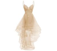 YIANN Tulle Champagne Prom Dresses for Women Spaghetti Strap V Neck High Low Homecoming Dress Celebrity Pageant Gown UK14