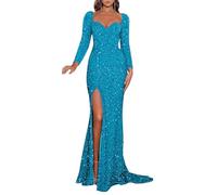 YIANN Turquoise Long Sleeve Prom Dresses with Slit for Women Plus Size Sparkly Sequin Mermaid Formal Evening Dress UK20