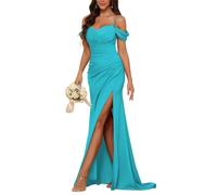 YIANN Turquoise Satin Bridesmaid Dresses for Women with Slit Pleated Cold Shoulder Mermaid Formal Evening Dress UK18