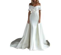 YIANN Wedding Dresses for Women with Train Pleated Elegant Engagement Party Dress Satin Bridal Gown UK22 Ivory