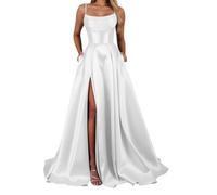 YIANN White Prom Dresses for Women Spaghetti Strap Satin Formal Wedding Guest Dress Long Ball Gown UK10