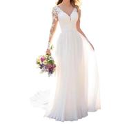 YIANN Women's Beach Lace Chiffon Wedding Dresses with Sleeves Long V-Neck Boho Bridal Gown Ivory UK22