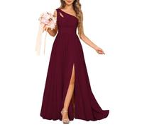 YIANN Women's Burgundy Chiffon One Shoulder Bridesmaid Dresses 2024 Elegant A Line Long Evening Formal Dress with Slit UK18