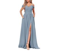 YIANN Women's Cold Shoulder Dress Modest Bridesmaid Dress with Pockets Wrap Slit Long Formal Dress Dusty Blue UK22