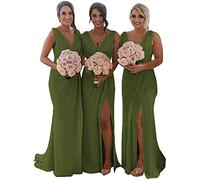 YIANN Women's Double V Neck Bridesmaid Dresses for Women Chiffon Olive Blue Formal Evening Prom Party Gown with Slit UK10