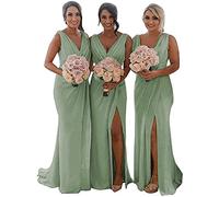 YIANN Women's Double V Neck Bridesmaid Dresses for Women Chiffon Sage Green Formal Evening Prom Party Gown with Slit UK10