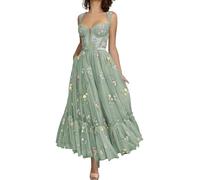 YIANN Women's Flower Embroidery Tulle Prom Dresses Tea Length Corset Fairy Homecoming Dress Long Sage Green UK8