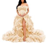 YIANN Women's Maternity Dresses Off Shoulder Tulle Bridal Robe for Photoshoot Pregnancy Dress for Baby Shower Gown UK10 Champagne