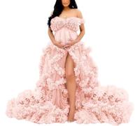 YIANN Women's Maternity Dresses Off Shoulder Tulle Bridal Robe for Photoshoot Pregnancy Dress for Baby Shower Gown UK10 Blush Pink