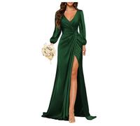 YIANN Women's Mermaid Emerald Green Long Bridesmaid Dresses with Slit Ruched Pleated Corset Evening Party Dress with Sleeve UK20
