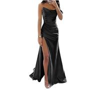 YIANN Women's Mermaid Prom Dresses for Teens with Slit Pleated Long Strapless Satin Bridesmaid Dress Black UK14