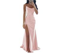 YIANN Women's Mermaid Prom Dresses for Teens with Slit Pleated Long Strapless Satin Bridesmaid Dress Blush Pink UK14