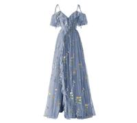 YIANN Women's Tulle Flower Embroidered Prom Dresses for Teens Spring Formal Evening Dress with Slit Dusty Blue UK12
