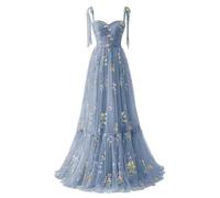 YIANN Women's Tulle Prom Dresses Dusty Blue Flower Embroidery Wedding Dress Sparing Formal Evening Party Gowns UK18