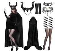 Yi'antai 17 Piece Devil Costume Women's Set, 120 cm Malefiecent Costume Devil Women, Costume Women's Black Cape, Devil Horns with Gothic Jewellery, Lace, Eyewear, Stockings, Nails