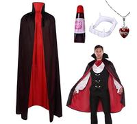 Yi'antai Set of 4 Halloween Vampire Costume Children's Set, 80 cm Vampire Cape with Collar, Halloween Red Black Cape, Vampire Cape with Teeth Necklace and Artificial Blood