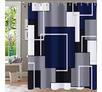 YiarTaan Navy Blue Shower Curtain,Shower Curtains for Bathroom,Mid Century Modern Geometric Shower Curtain Sets,Abstract Navy Black Grey Square White Bath Curtain,Waterproof Fabric Backdrop 72 x 72