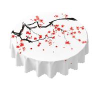 Yibeas Tablecloth Round Japanese Red Cherry Table Cloth Ink Painting Flower Blossom Cherry Table Cover for Dining Room Kitchen Decoration Round Tablecloths 60 inch