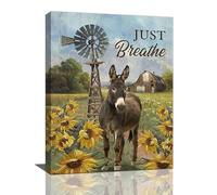 Yibuda Farmhouse Donkey Wall Art Rustic Old Barn Windmill Pictures Wall Decor Country Donkey Canvas Print Just Breathe Painting Framed Modern Home Artwork For Bathroom Office Bedroom 12"x16"