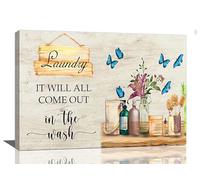 Yibuda Farmhouse Laundry Room Wall Decor Rustic Laundry Room Signs Pictures Wall Art Country Butterfly Flower Floral Bathroom Canvas Print Painting Framed Home Artwork For Bathroom Washroom 24"x16"