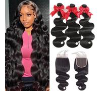 YIBUSI 12A Human Hair Extensions 16, 18 and 20 Inch Closure with 3 14" Wave Brazilian Hair Extensions and Lace Closure HD 4X4 100% Virgin Human Hair Unprocessed