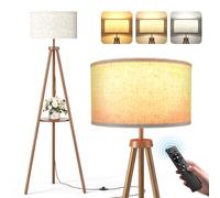 YICAIZI Tripod Floor Lamp with Storage Shelves - 12W Solid Wooden Standing Lamp with E27 Bulb & Remote Control, Corner Lights for Living Room, Bedroom (Dark Brown)