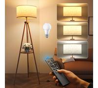 YICAIZI Tripod Floor Lamp with Storage Shelves - 12W Solid Wooden Standing Lamp with E27 Bulb & Remote Control, Corner Lights for Living Room, Bedroom (Walnut Wood)