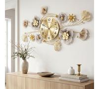 Yichora Large Wall Clock,3D Metal Ginkgo Leaf Design,Brown,92 x 52 cm | Silent Wall Clock,Clear Arabic Numerals,5 cm Wall Projection,Rear Mounting Point,Flexible Ruler and Spare Clock hand