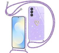 Yichxu Mobile Phone Strap for Samsung Galaxy S25 FE Case with Strap, Glitter Heart Silicone Mobile Phone Case Cord for Hanging, Protective Case with Chain Gel, Shockproof Necklace Mobile Phone Case