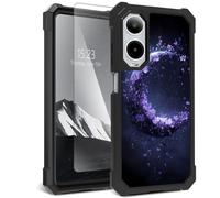 YICKLMNP for Cricket Icon 6 /ATT Verge Case,with Tempered Glass Screen Protector,Dual Layer TPU Soft Silicone Shockproof Protective Cover,Flowers Crescent Moon Design