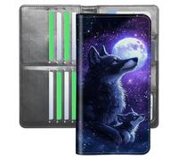 YICKLMNP Ultra Slim Wallet for Women & Men,RFID Blocking Travel Wallet with Large Capacity,Passport Holder,Credit Card Organizer for Cash,Tickets, Wolf Moon Purple, 7.95" x4.33" x0.9", Contemporary