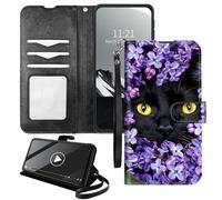 YICKLMNP Wallet Case for BLU View 4 B135DL/View 2 2023 - RFID Blocking,Shockproof,Card Slots,Wrist Strap,PU Leather Cover with Magnetic Closure & Multi-Angle Stand,Black Cat Purple Flower